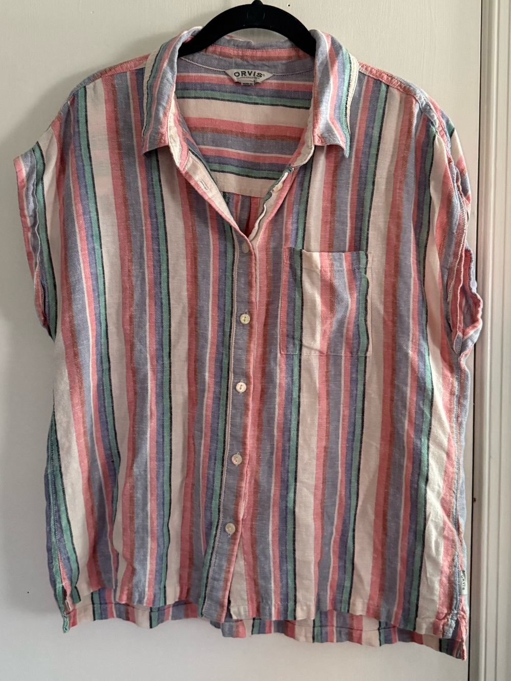 Orvis Women’s Pastel Multicolor Linen Blend Stripe Button-Down Shirt Size M